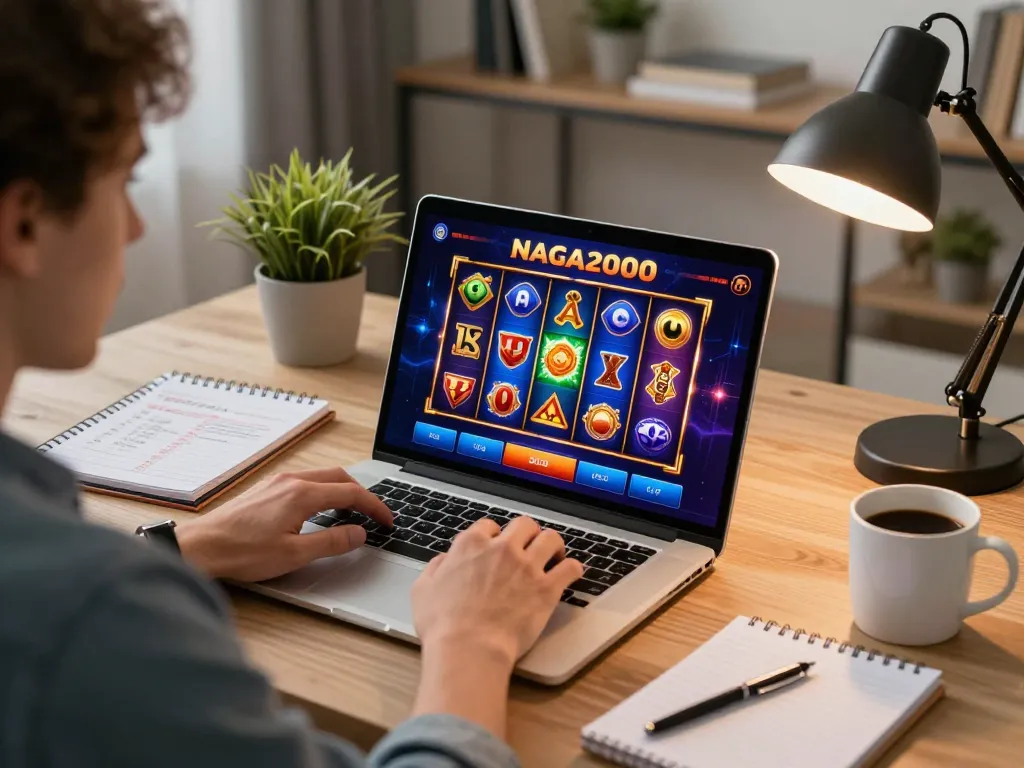 NAGA2000 player enjoying a dynamic online slot game in a cozy home office setting with ambient lighting.