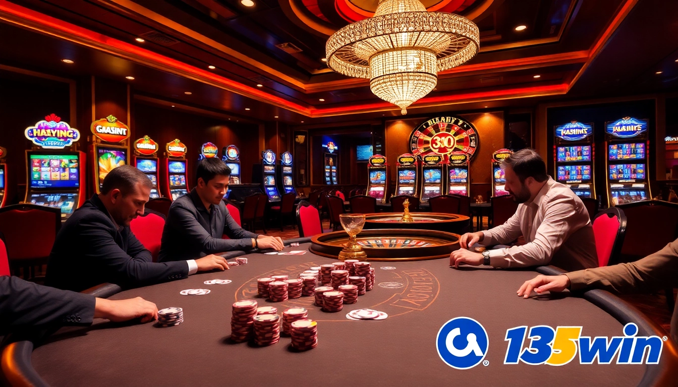 Players enjoying a thrilling game at 13win's high-stakes poker table in an opulent casino ambiance.