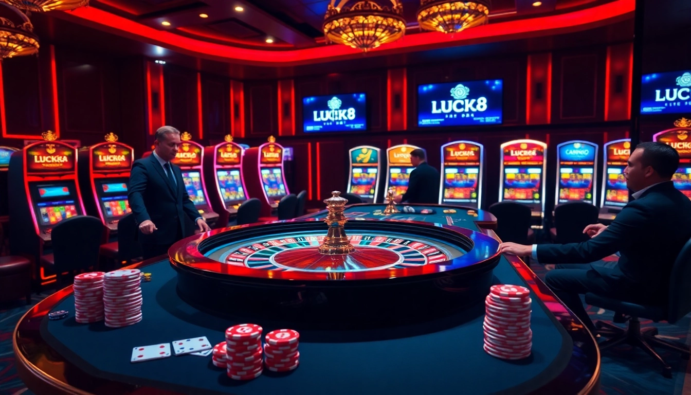 Experience thrilling gameplay at LUCK8's vibrant casino filled with poker chips and roulette tables.