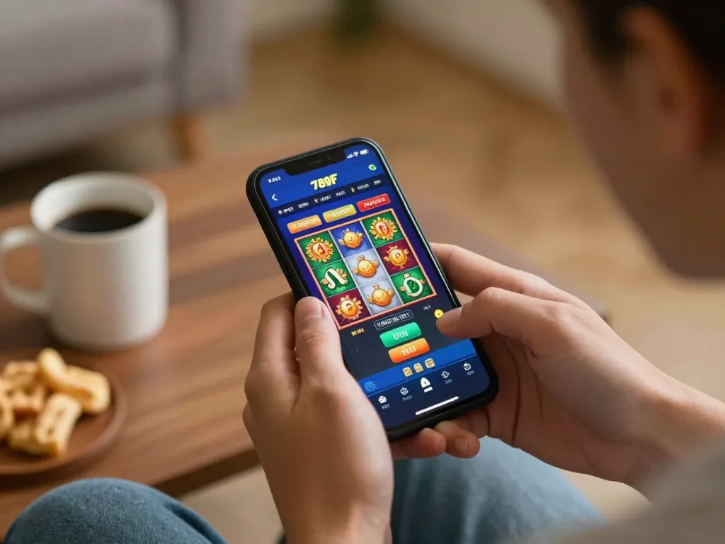 Engaged player enjoying 789F nhà cái gaming on smartphone, showcasing casino app features in a cozy home