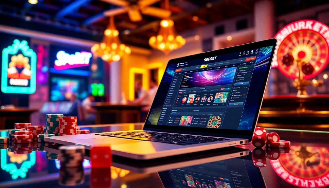 SBOBET online betting interface with poker chips and a roulette wheel in a vibrant casino setting.
