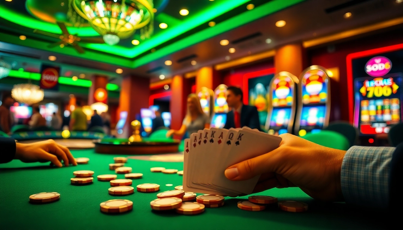 Players enjoying a game of poker at SODO66 Casino with vibrant lighting and colorful chips.