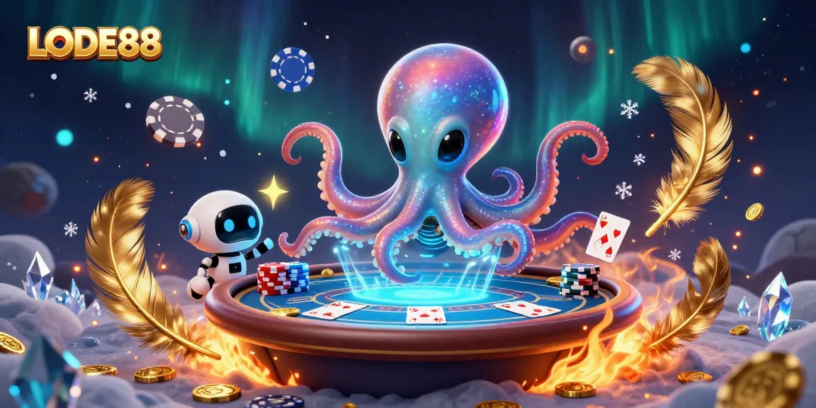 Engage with the LODE88 poker excitement featuring an alien octopus and robot in vibrant 3D.