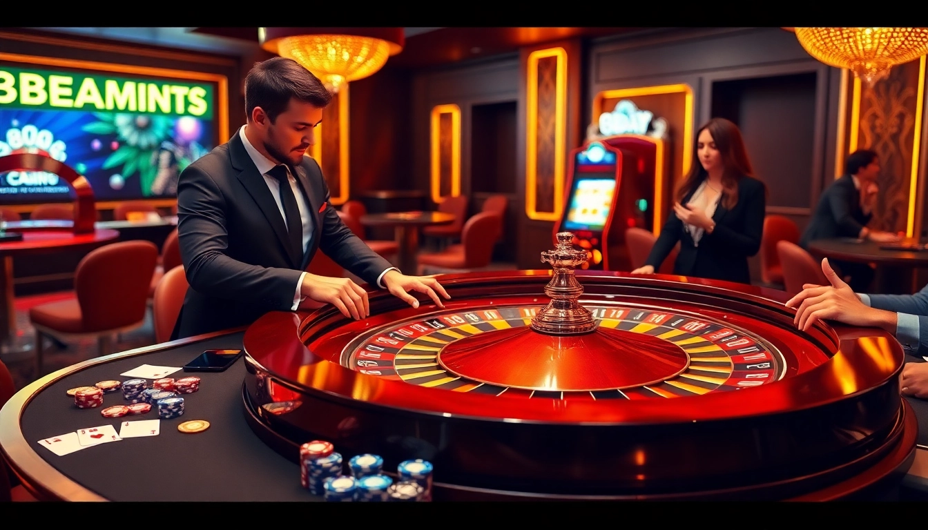 Exciting casino atmosphere at 8DAY with roulette, poker chips, and slot machines in vibrant lighting.