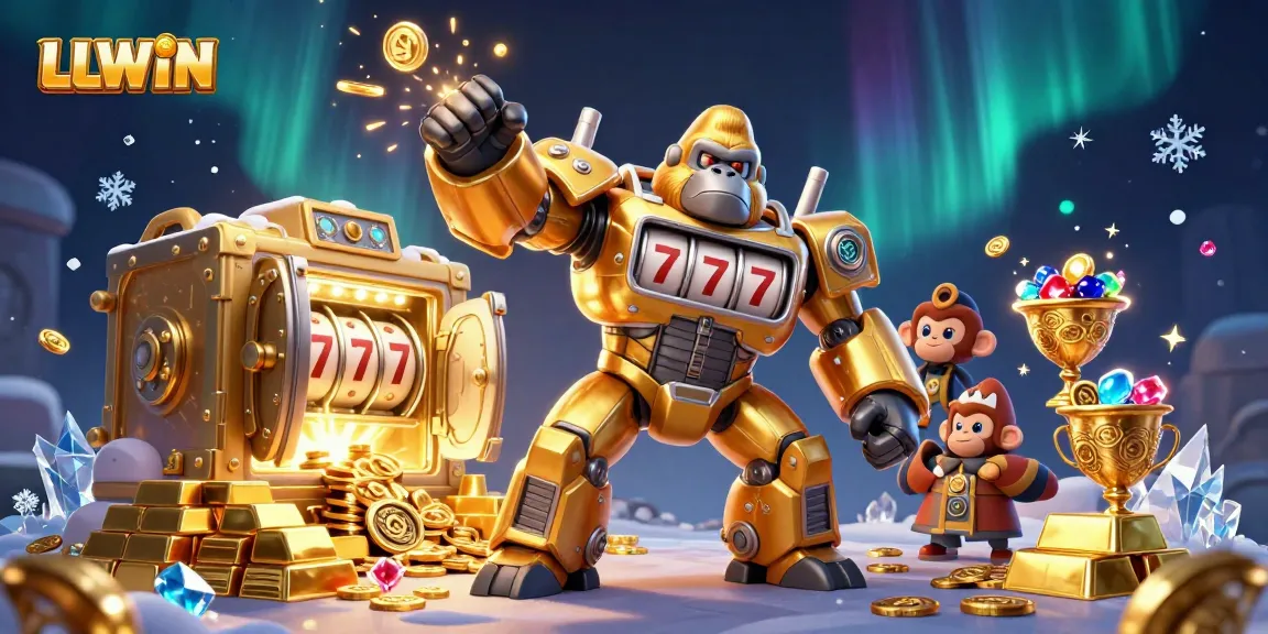 Experience thrilling gaming action with LLWIN's golden gorilla mech amidst treasure and excitement.