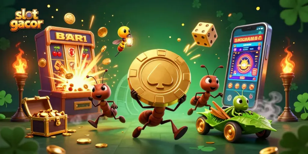 Geng karakter lucu membawa chip poker emas sambil bermain slot gacor yang penuh koin dan cahaya.