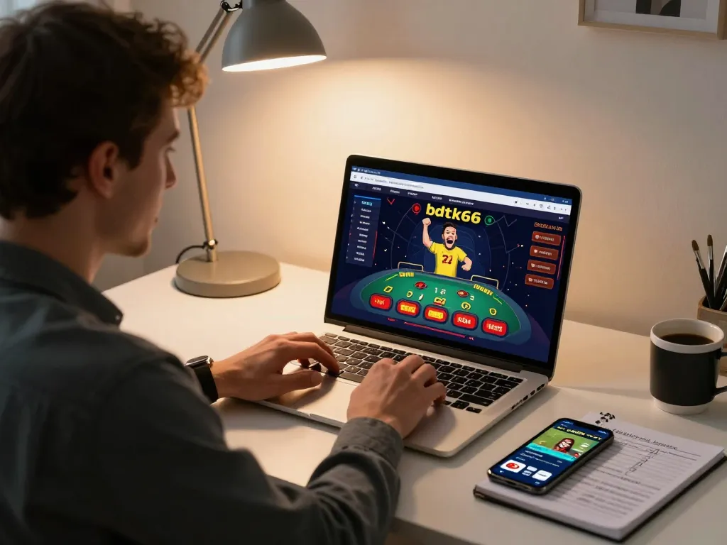 Engaging in bdtk66 online gaming with laptop and sports app in a cozy home office.