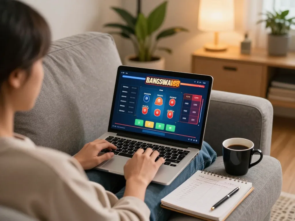 Bangsawan88 user immersed in online poker gameplay on laptop in cozy home setting.