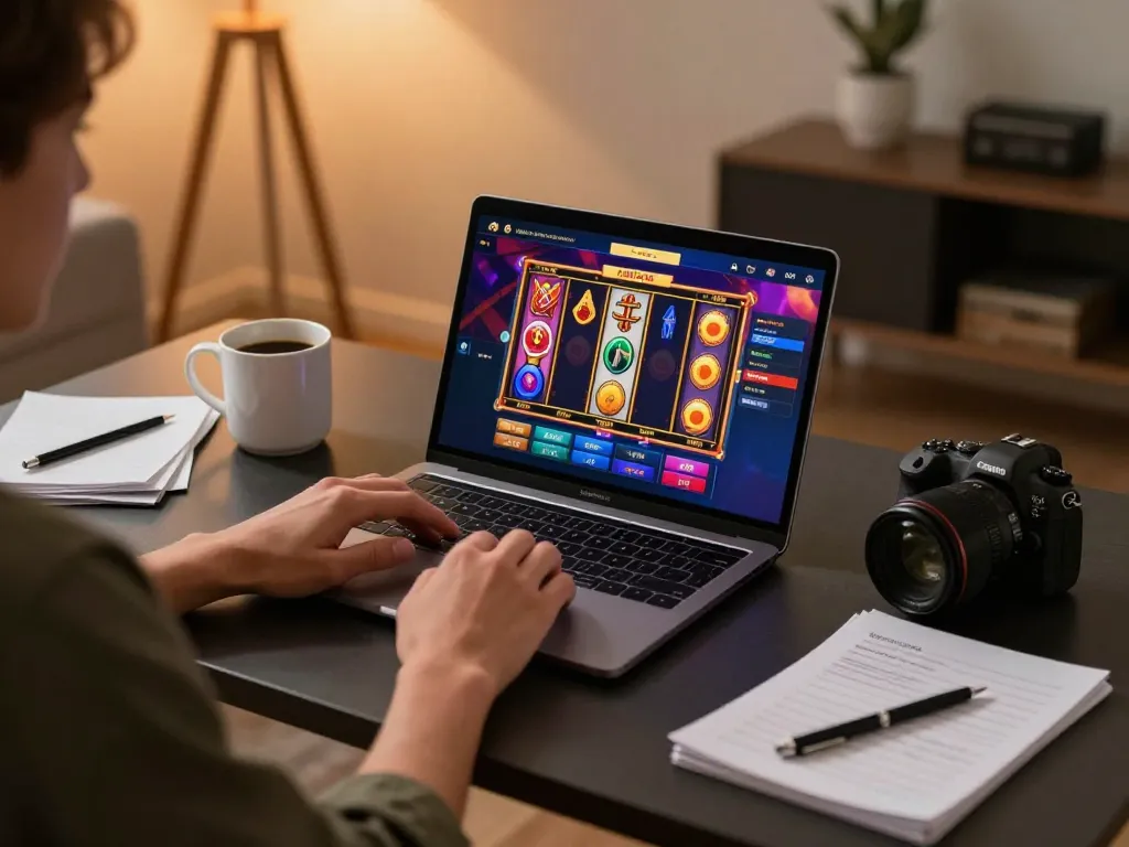 Engaging in slot games at https://rr888.shopping/ on a laptop in a cozy home setting.