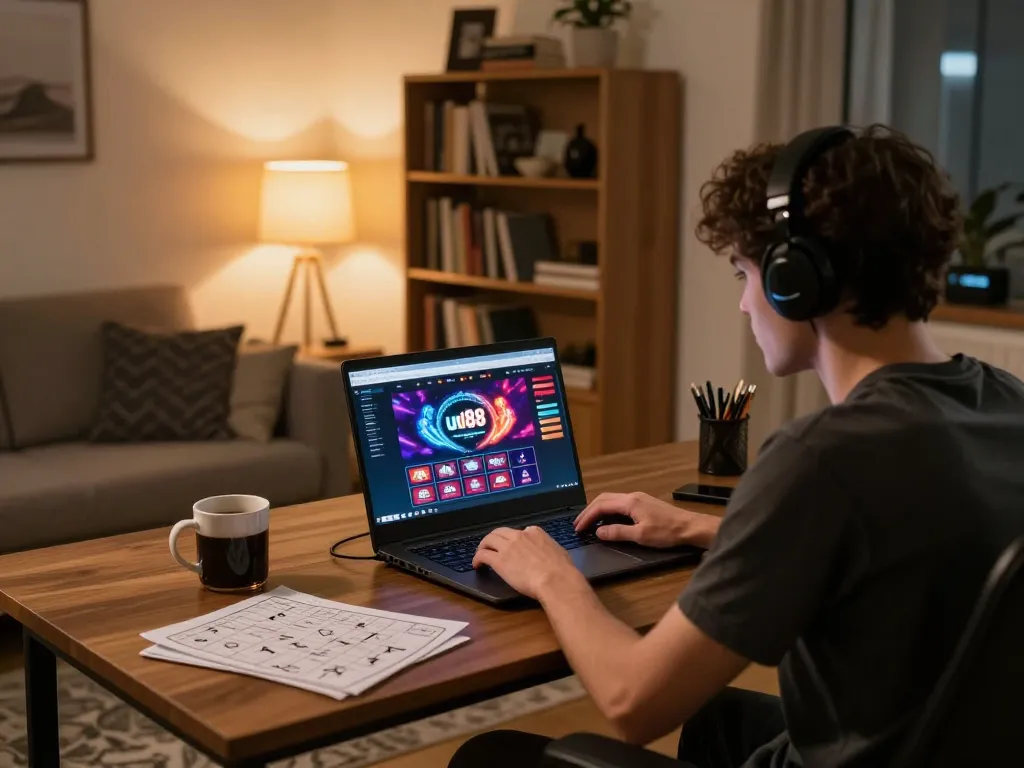 Engaged player using uu88 online casino interface on a laptop at home, showcasing strategic gameplay