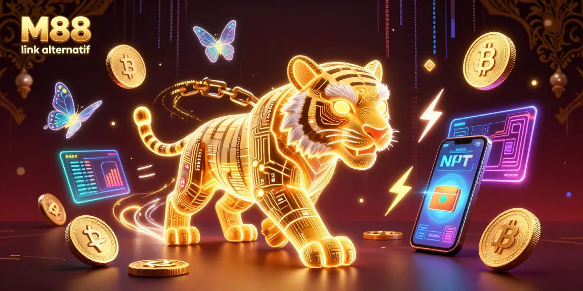 Experience the excitement of M88 link alternatif with a vibrant digital casino scene featuring a glowing tiger.