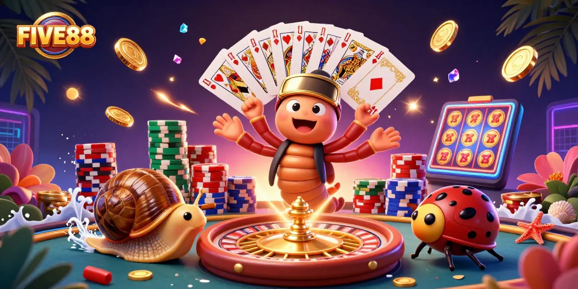 Experience the excitement of FIVE88 casino with vibrant characters, dynamic casino elements, and stunning visuals.