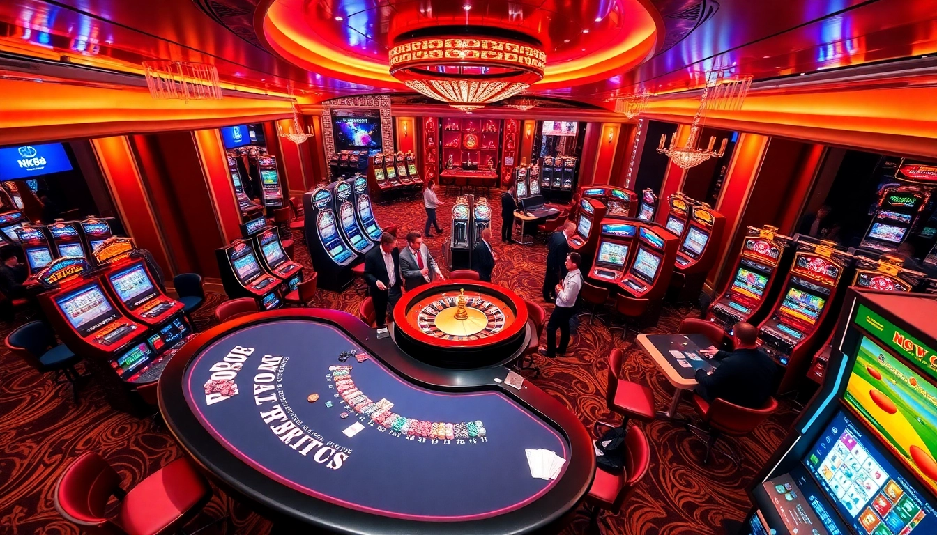 Experience the thrill of gambling at NK88 with a vibrant casino scene featuring poker tables and slot machines.
