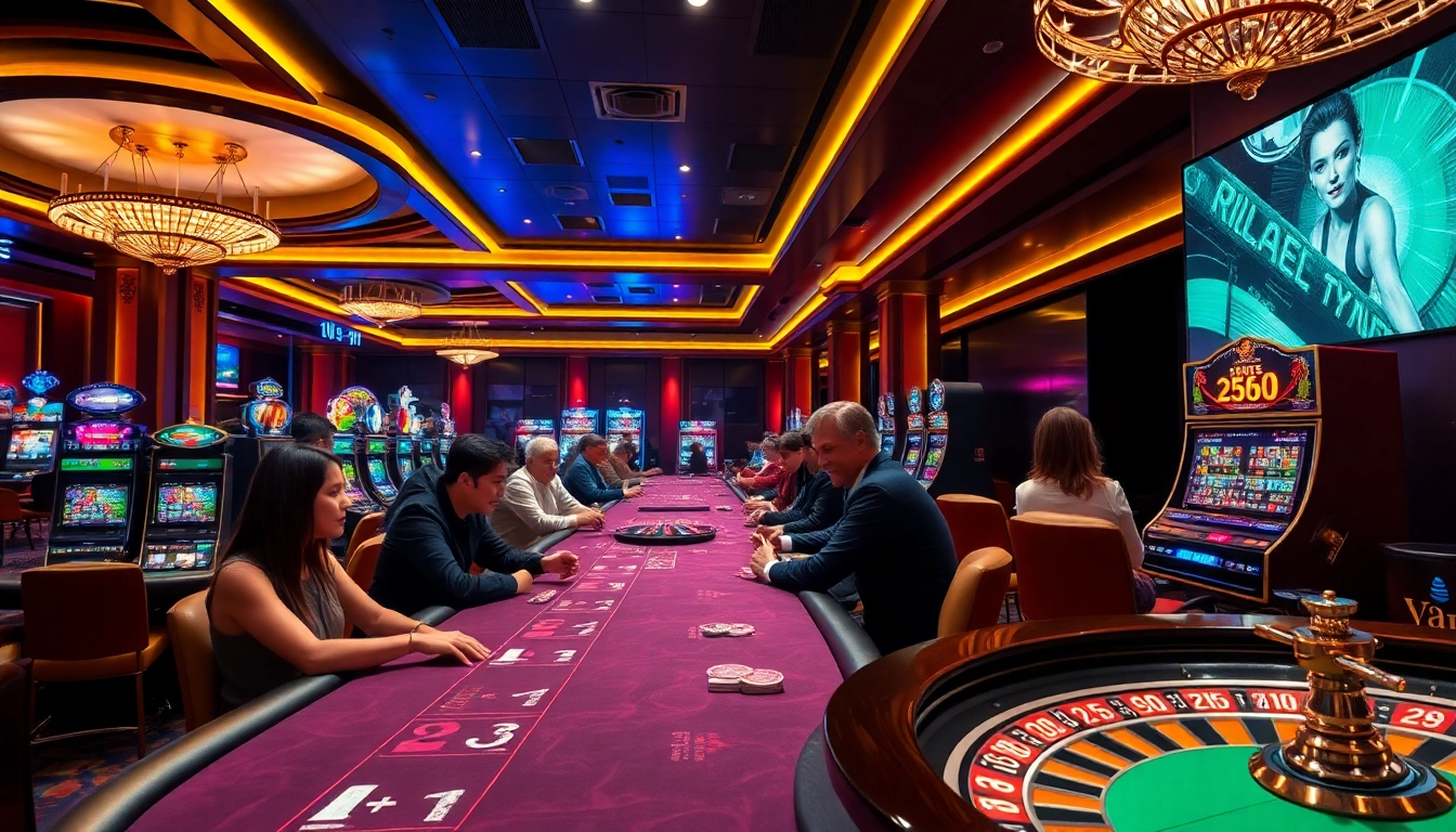 Experience thrilling gameplay at 68win's luxurious casino, featuring vibrant tables and slot machines.