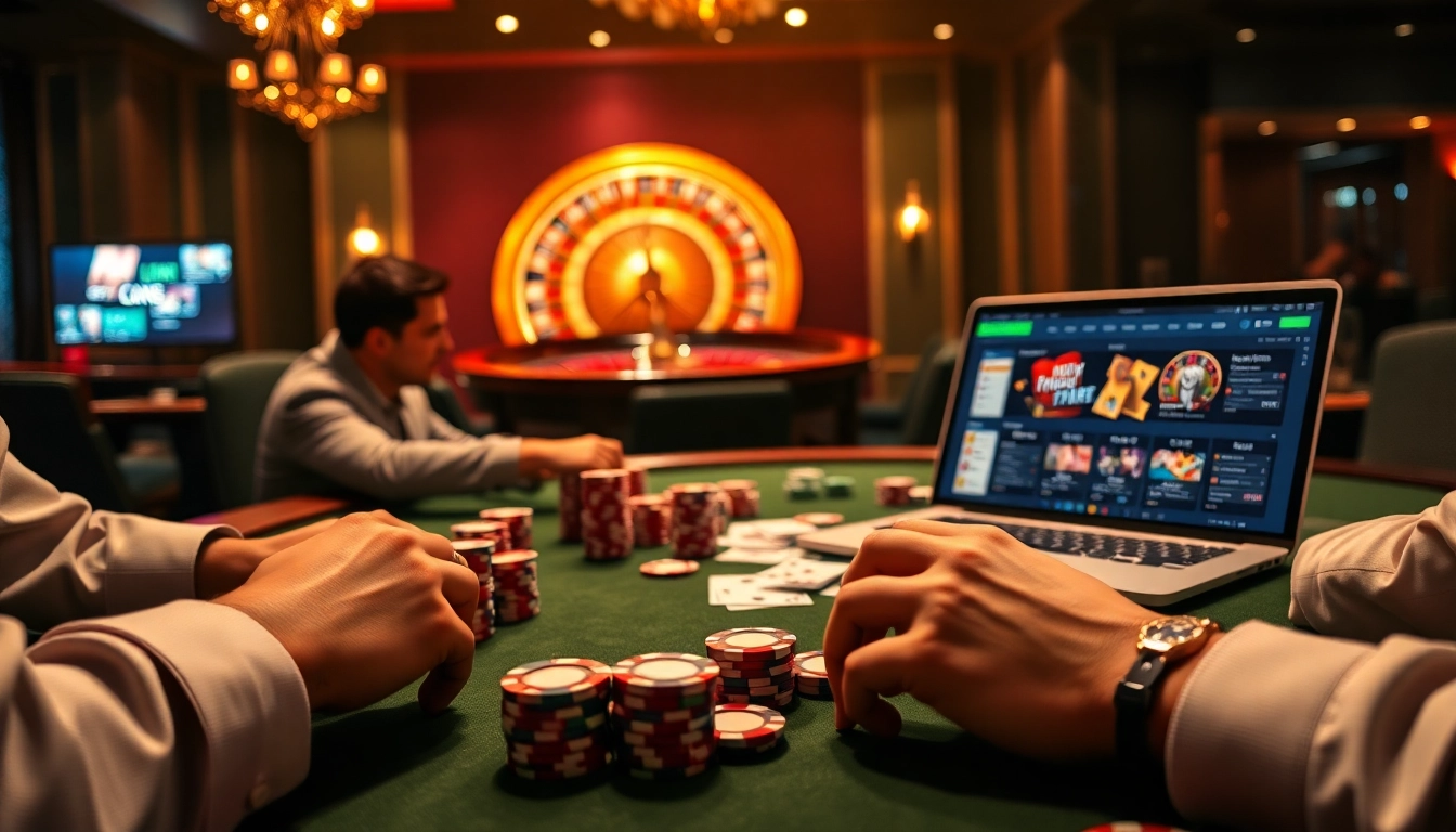 Experience excitement at the luxurious casino scene showcasing link thabet poker activities.