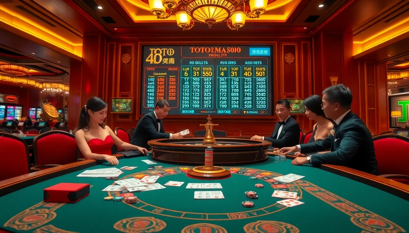 Toto Macau live draw showcased with players engaging at a vibrant casino table filled with chips.