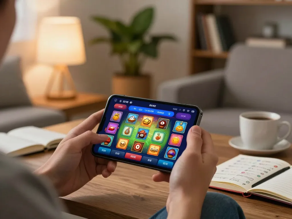 Mobile gaming experience showing a user playing on a casino app, inviting you to view more gaming options.