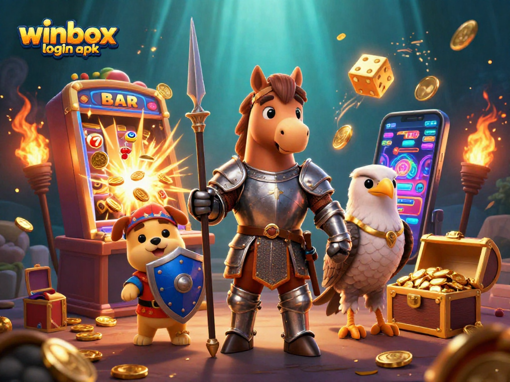 Engage in thrilling games with winbox login apk, featuring a dynamic casino scene with vibrant characters and elements.