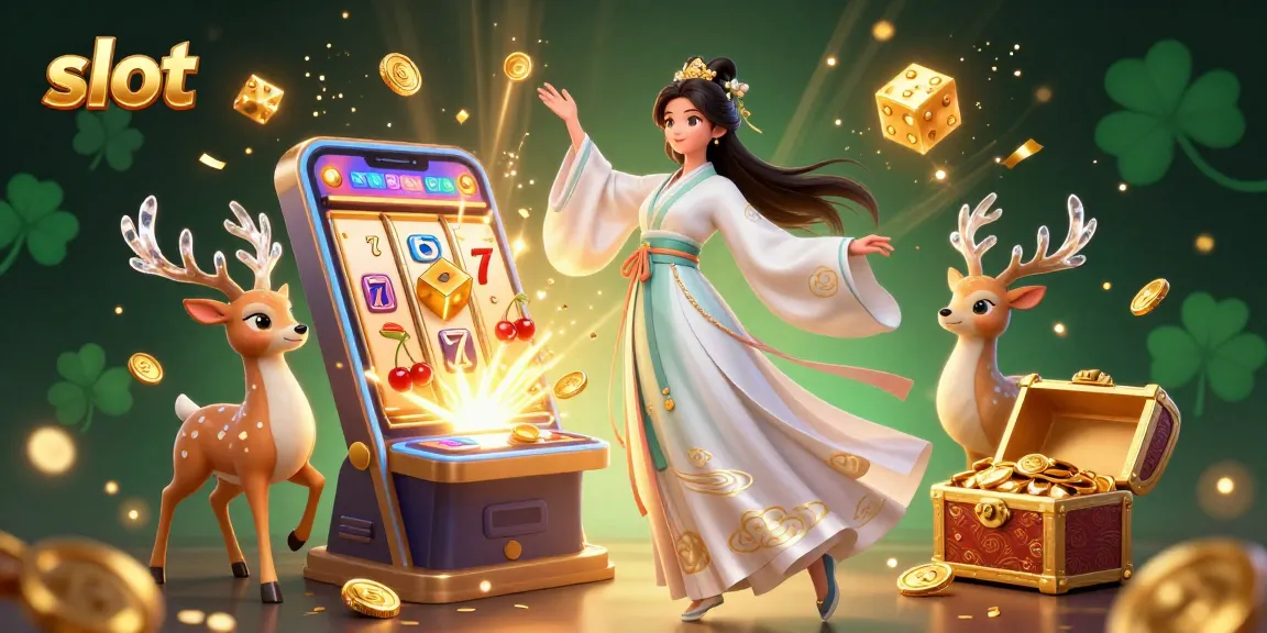 Experience the thrill of slot games with vibrant characters, a jackpot machine, and golden coins in splendid action.