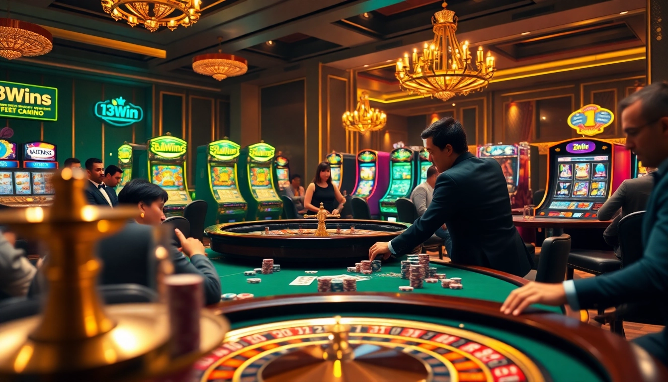 Excited gamblers playing at the 13Win casino table with vibrant poker chips and spinning roulette wheel.