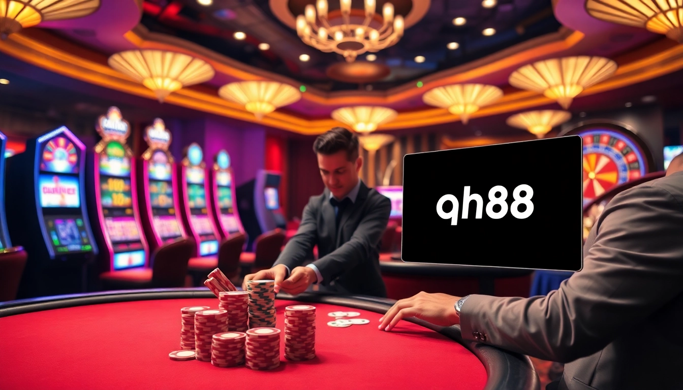 Experience the thrill of qh88 at a luxurious casino with vibrant slot machines and poker tables.