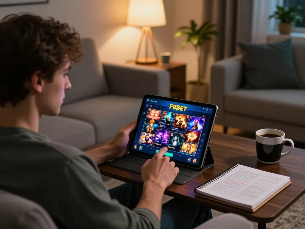 Engaged gambler enjoying F8BET online casino games on tablet in a cozy living room