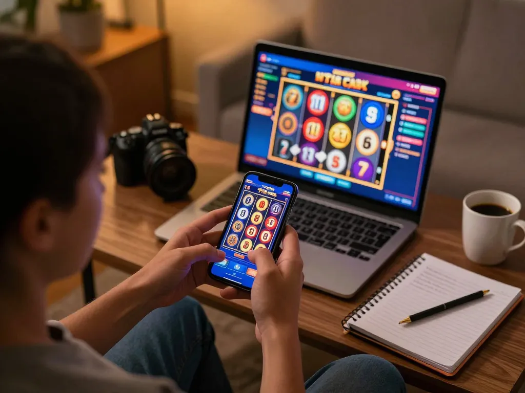 Player enjoying non gamstop online slots game on smartphone in cozy living room, emphasizing responsible gaming experience