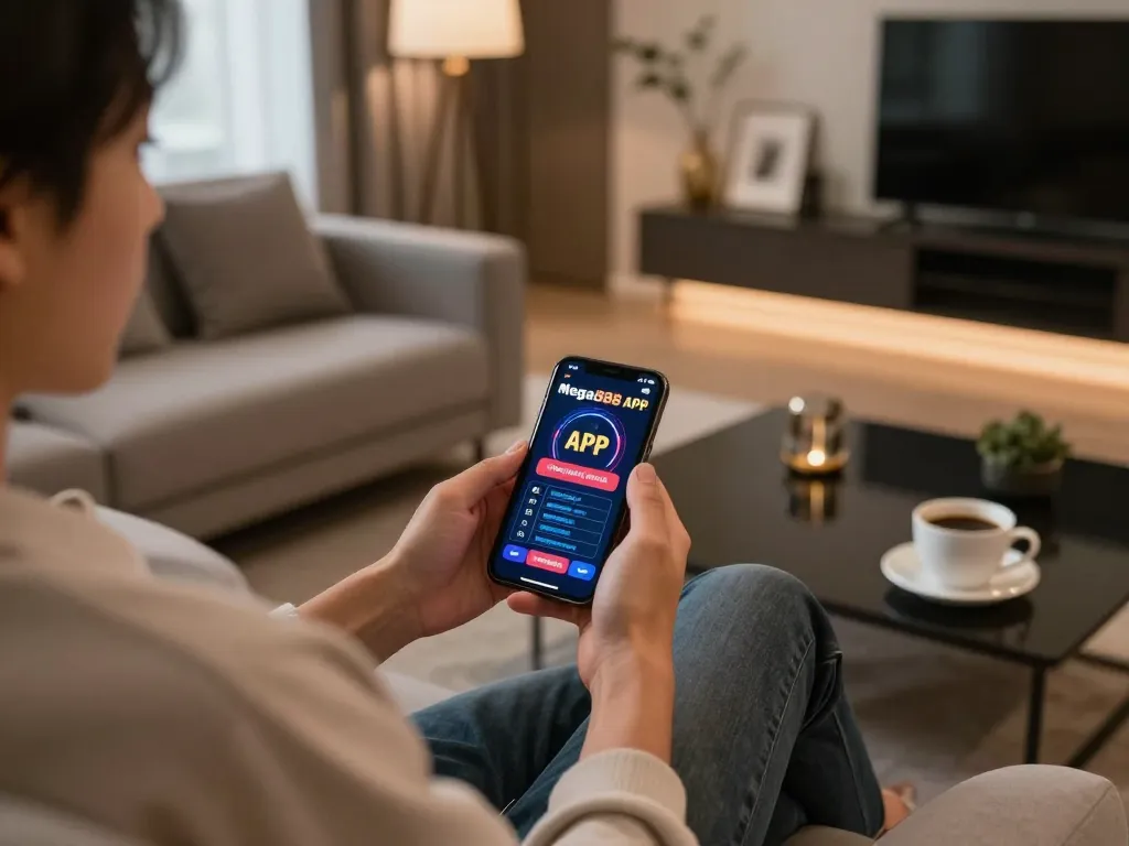 Mega888 tutorial showing a player enjoying the mobile app interface in a cozy living room.