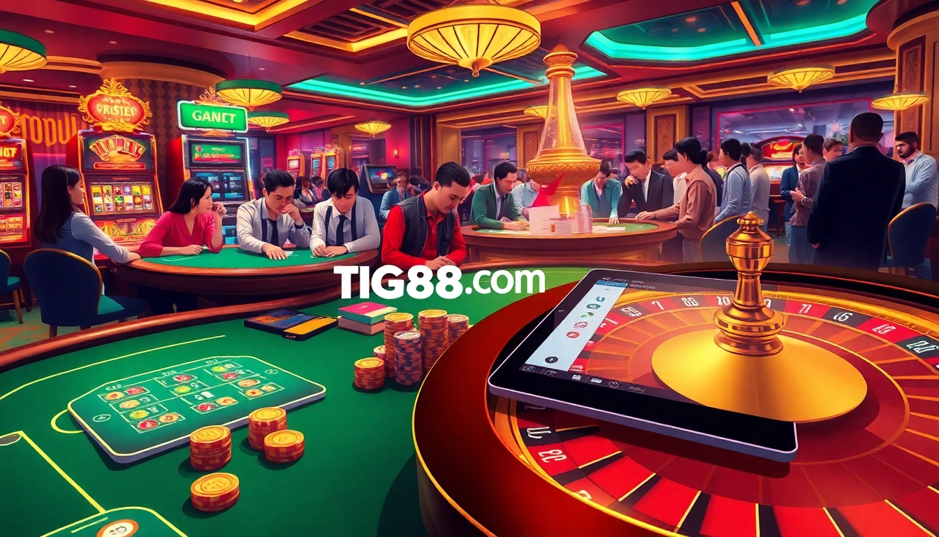 Engaged players enjoying games at TG88.COM with vibrant slots and poker tables in a luxurious casino setting.