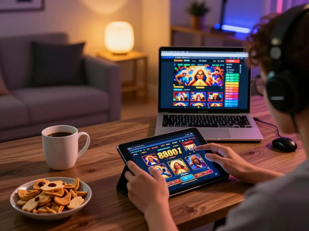 Engaging in thrilling slot88 gameplay on tablet in a cozy online gaming setup.