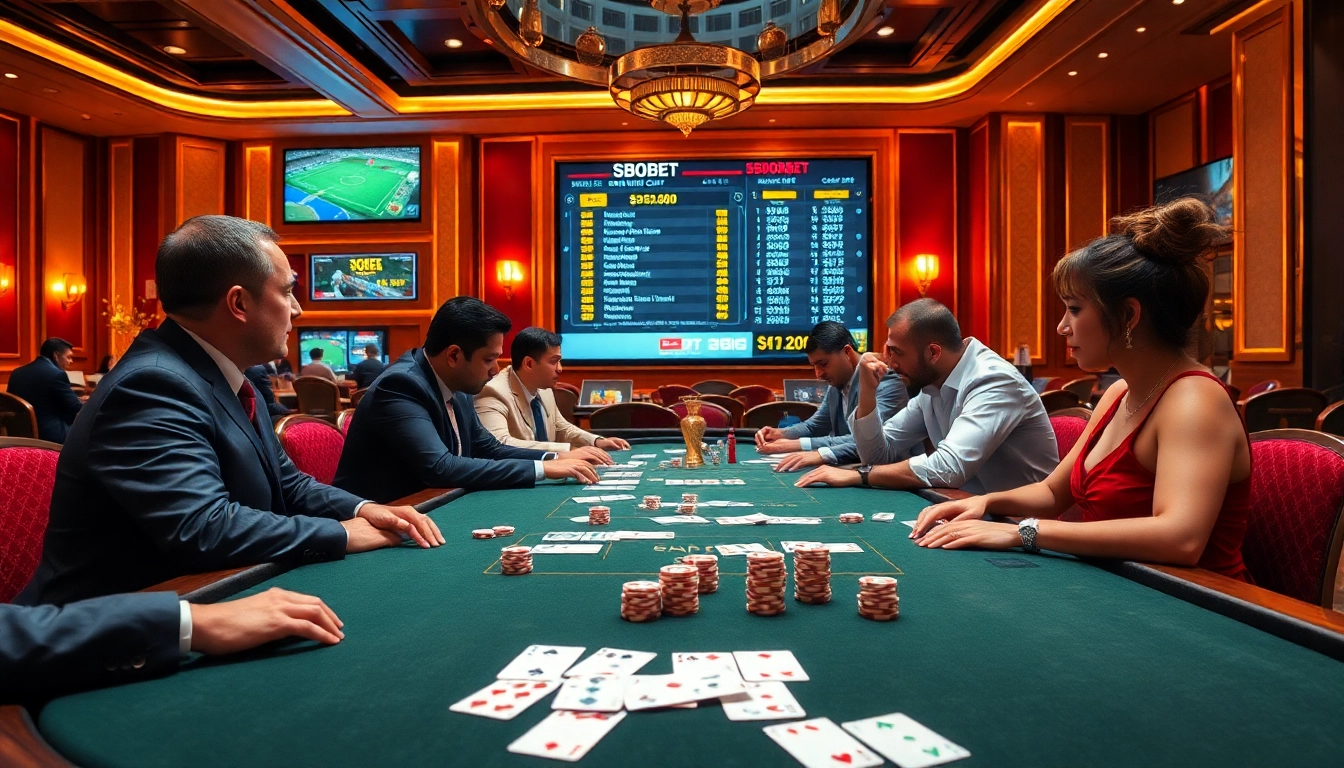 Engaging players betting on SBOBET at a vibrant casino table, showcasing excitement and luxury.