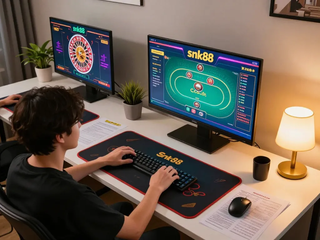 Engaged player strategizing on snk88 online casino games during a cozy gaming session.