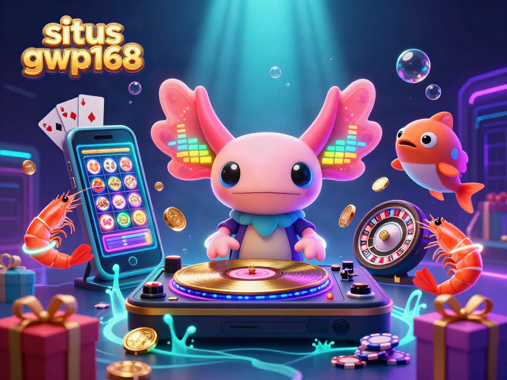 Situs gwp168 menunjukkan dunia kasino yang ceria dan penuh warna dengan DJ axolotl dan permainan slot yang menarik.