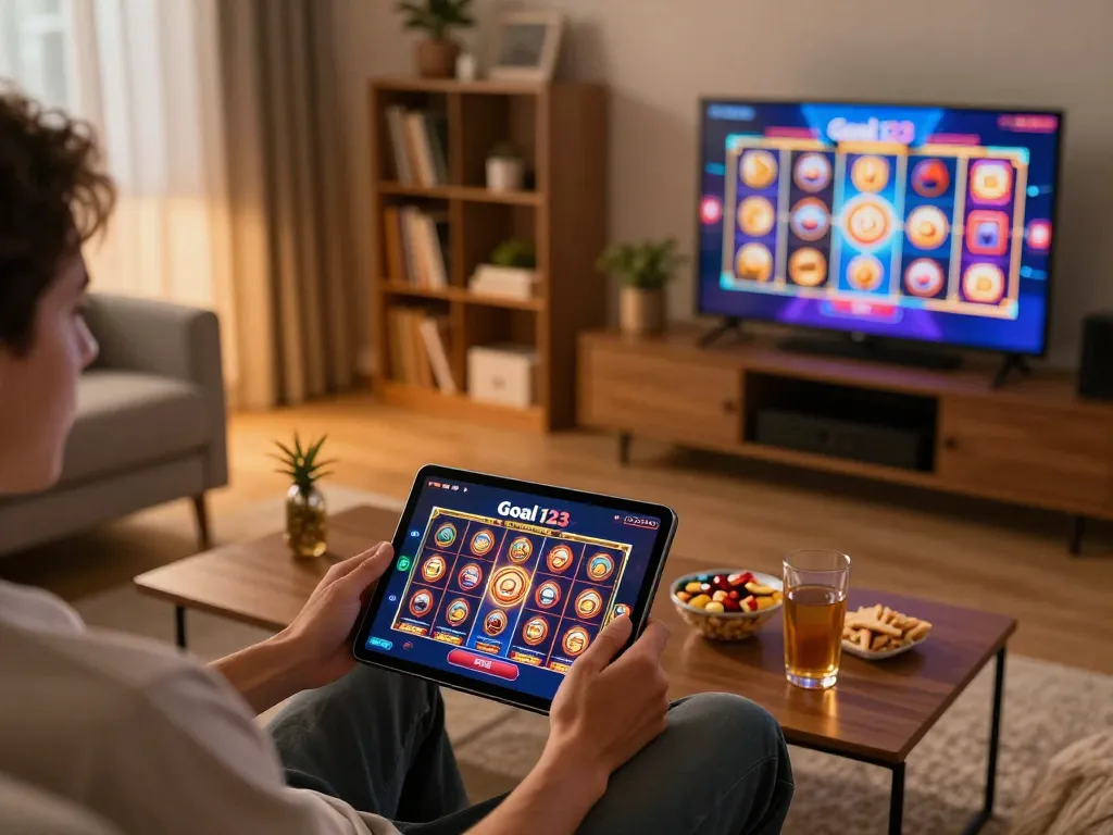 Engaging with the Goal 123 online casino app on a tablet during a cozy gaming session.