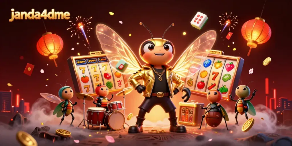 Ilustrasi 3D janda4dme menampilkan cicada rock star, drummer kepik, dan kerumunan kunang-kunang di kasino.