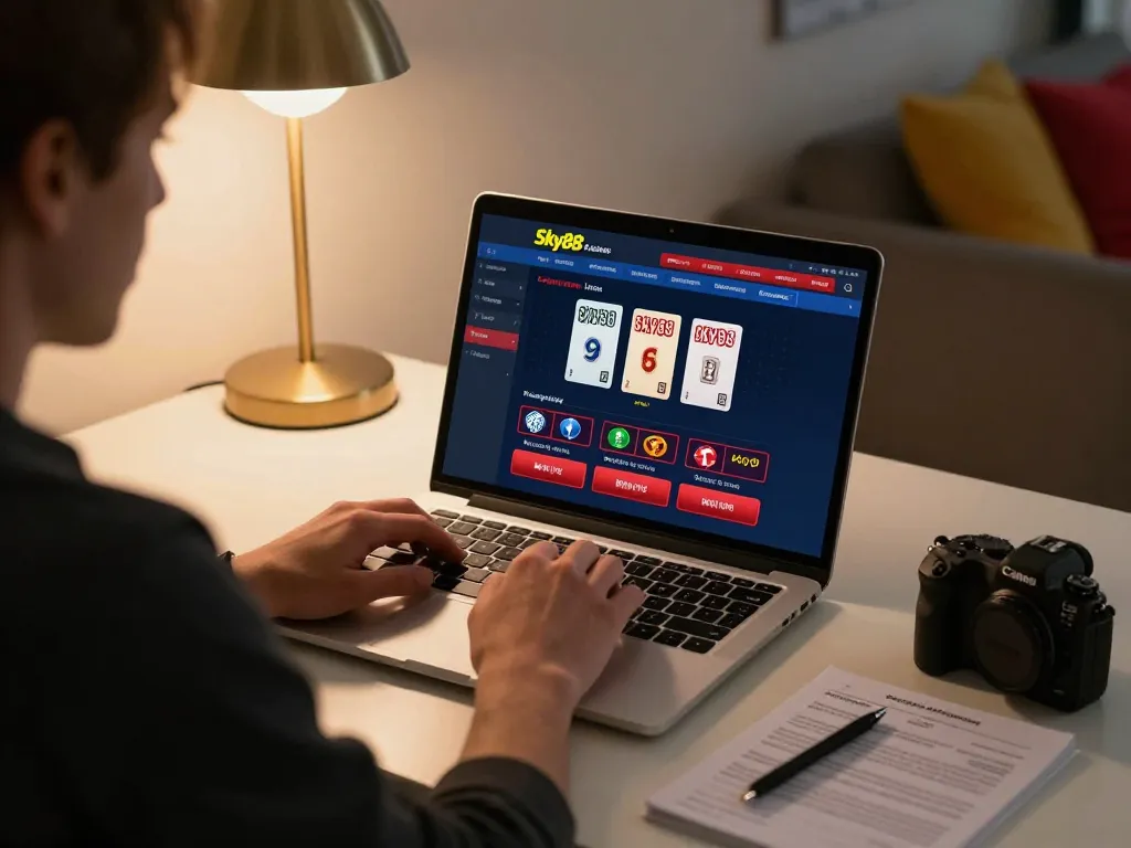 Engaging online gaming session with a user registering for đăng ký sky88 on a laptop.