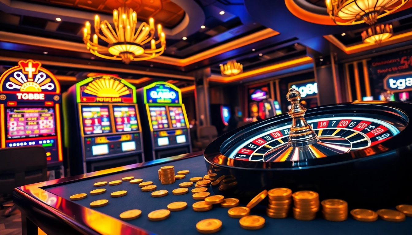 Experience the excitement of tg88 at a vibrant casino scene with roulette and slot machines.
