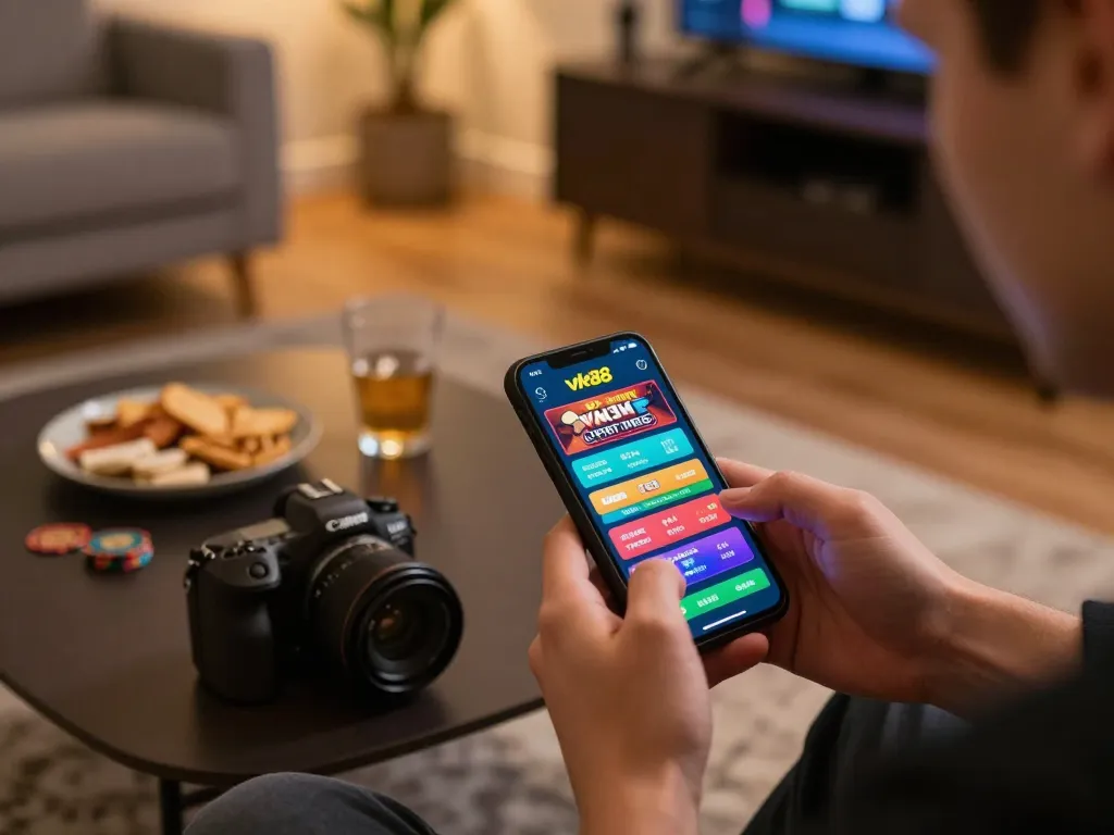 Engaging scene of mobile gambling with vk88 app on smartphone showcasing betting excitement
