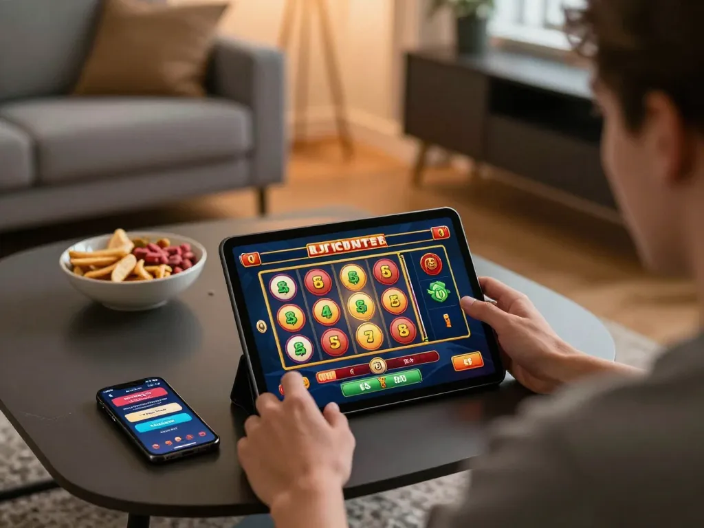 Engaging in slot games on taixiusunwin.art in a cozy home gaming setup, showcasing exciting online gambling.