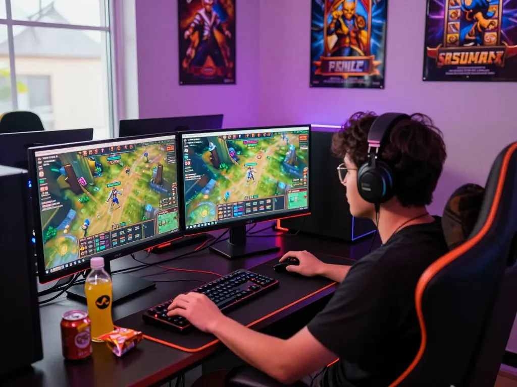 Pemain yang terlibat melakukan streaming gameplay situs slot gacor di dua monitor dalam pengaturan permainan yang berwarna-warni.
