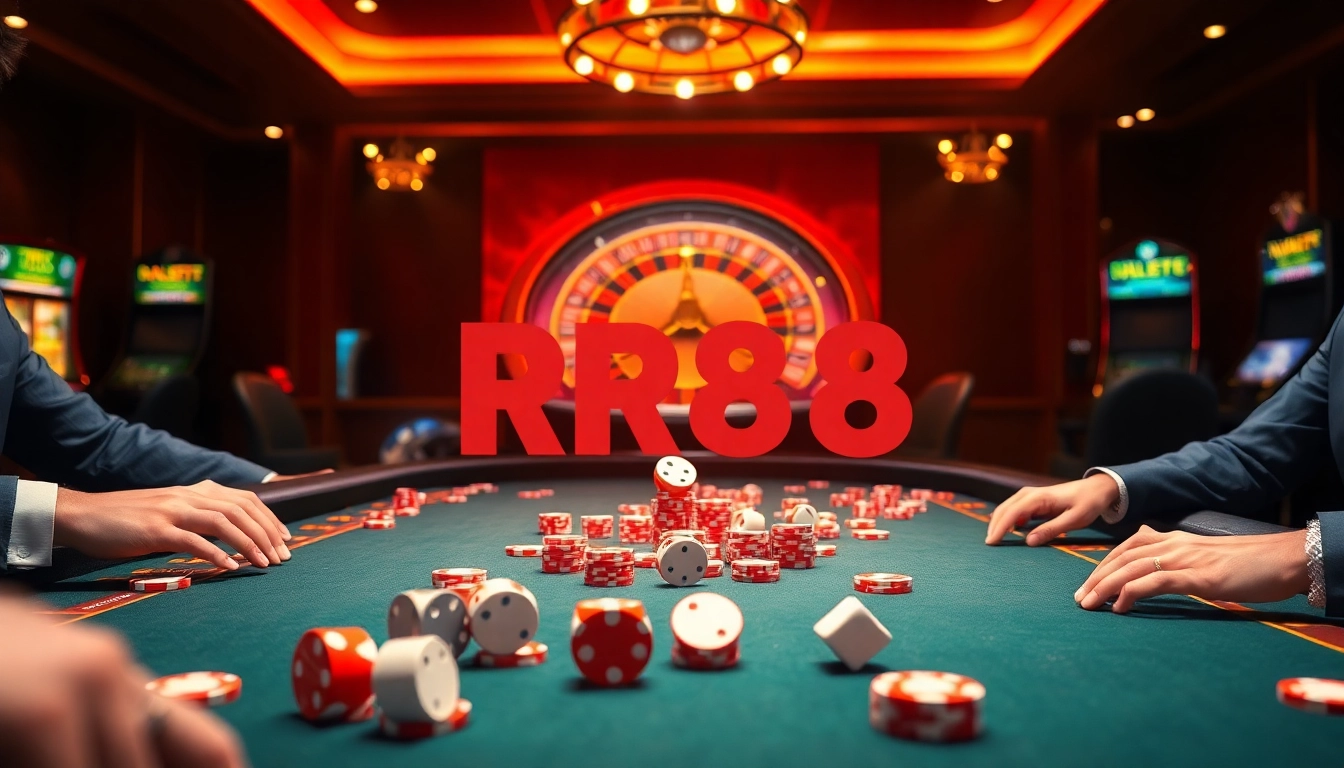 RR88 poker game scene with vibrant chips, dice, and roulette wheel, showcasing online gambling excitement.