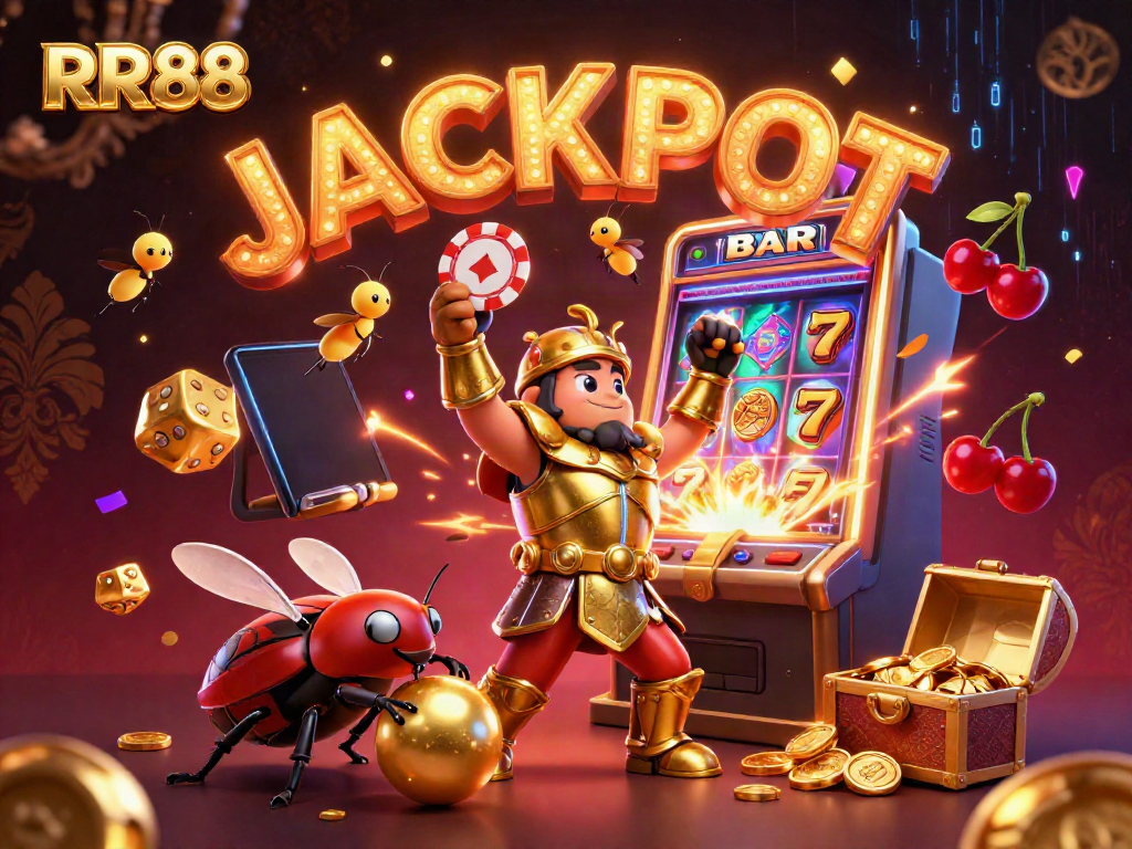 RR88 invites players to hit the jackpot with vibrant colorful gaming elements and celebrating characters.