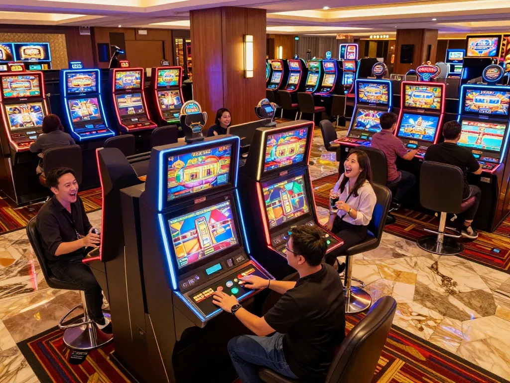 Gamblers enjoying vibrant slot machines at WIN4U, highlighting excitement and fun.