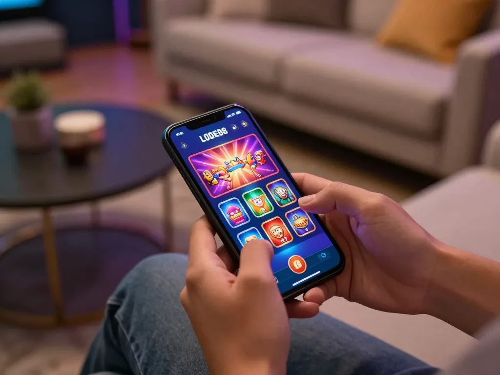 Engaging in mobile casino gaming with tải app lode88 displayed on smartphone screen, showcasing exciting gameplay.