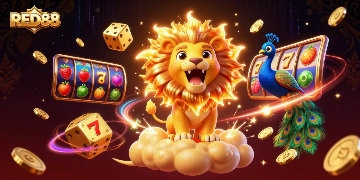 Experience RED88 with lively slot reels and a triumphant lion, showcasing vibrant casino excitement