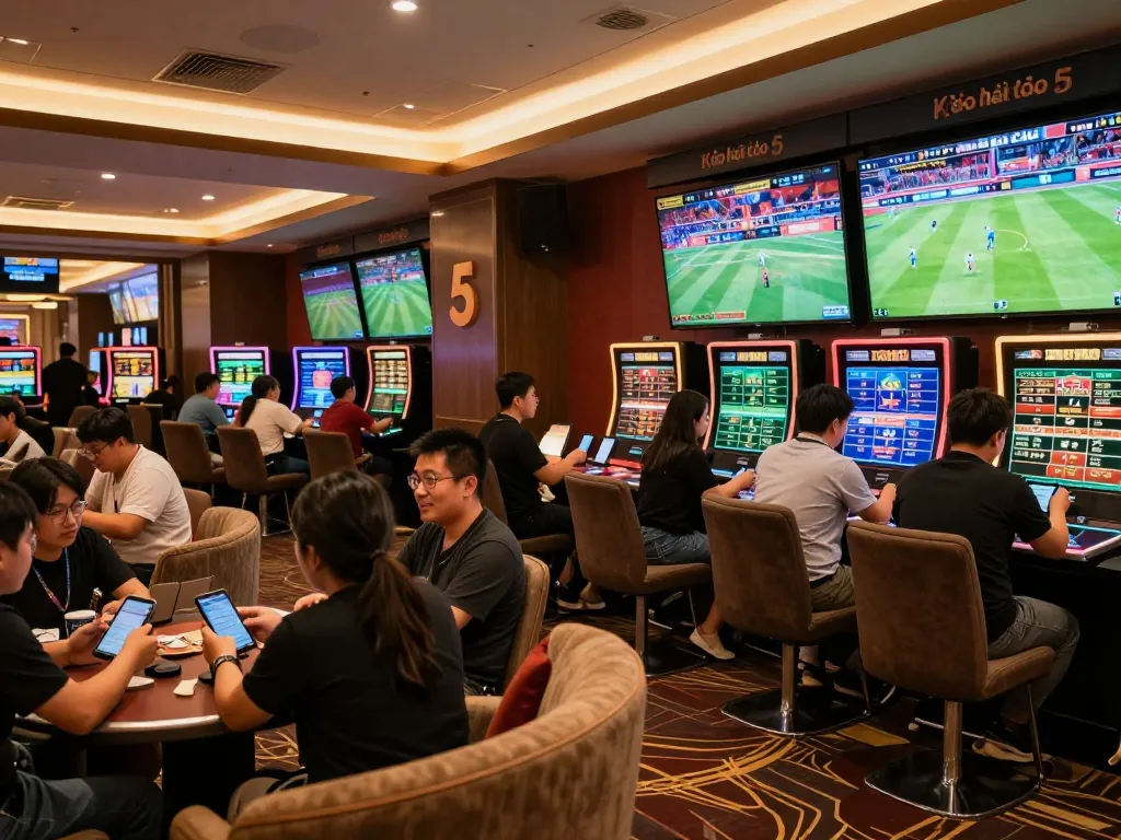 Engaged bettors analyzing live sports odds at Kèo nhà cái 5 betting lounge with multiple screens