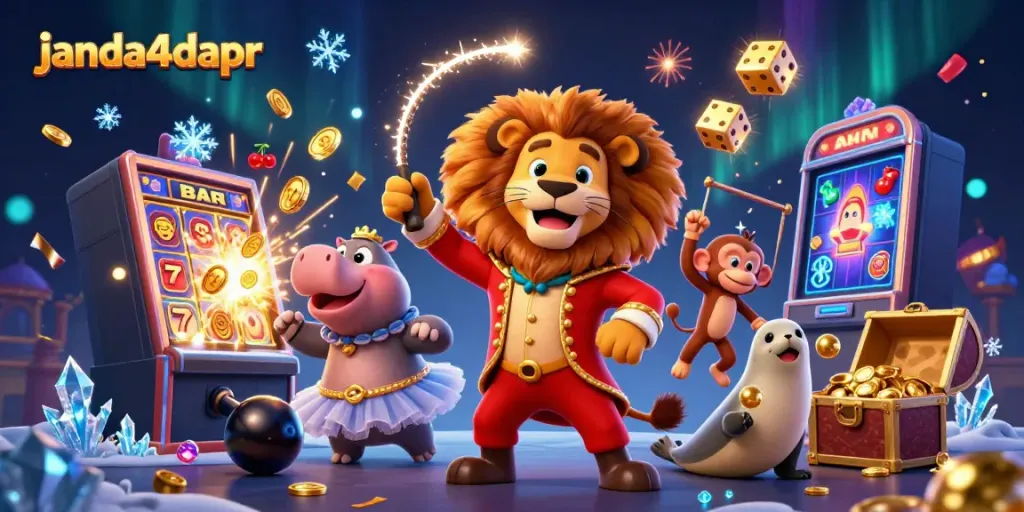 Merayakan keseruan permainan di janda4dapr dengan gambar sirkus digital dan jackpot yang melimpah.