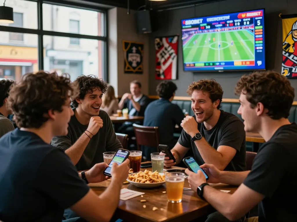 SBOBET sports betting scene with friends cheering at a bar during a live game.