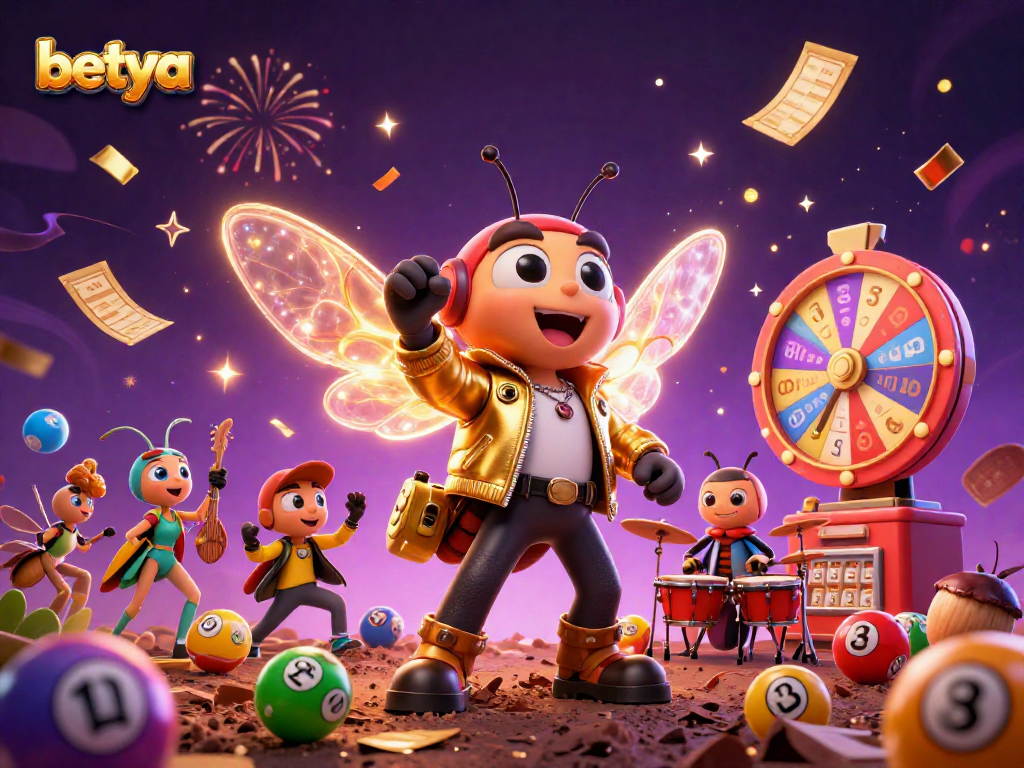 Join the excitement at betya with a vibrant 3D casino celebration scene of lottery balls and a rock star ensemble.