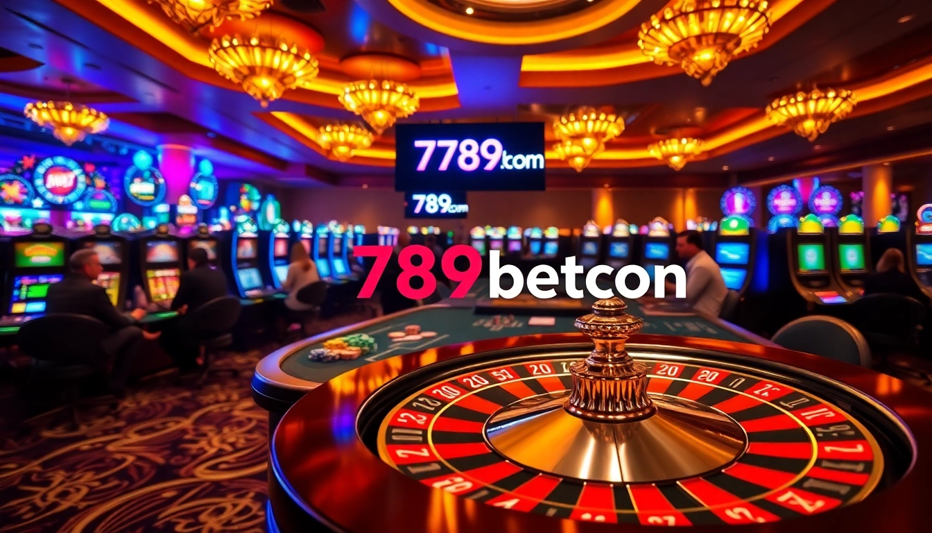 A vibrant casino scene with players engaging in games, featuring the logo 789betcom amidst the excitement.